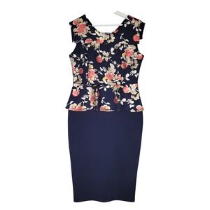 Enfocus Studio Peplum Dress Womens 10 Navy Blue Floral Sheath 61289
